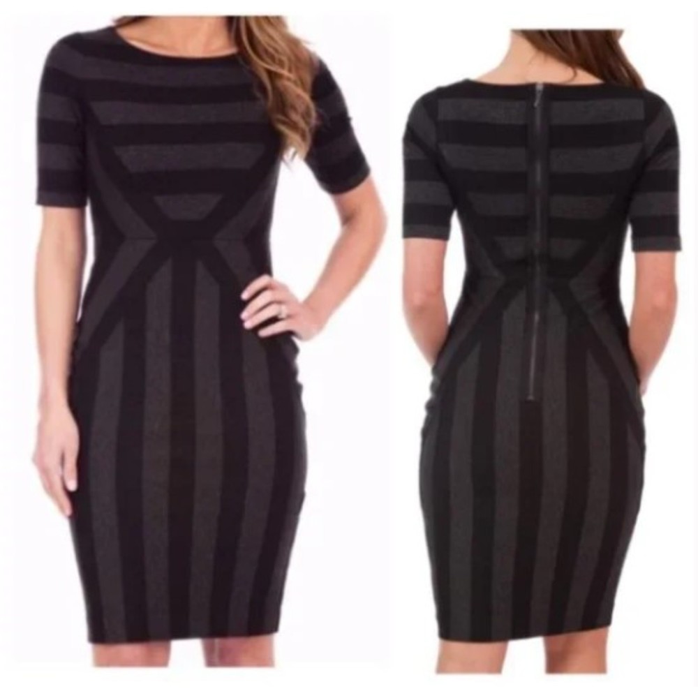 Anthropologie Maeve Geoplane Pencil Dress Striped Fitted Black Gray Size 2 - Picture 2 of 4